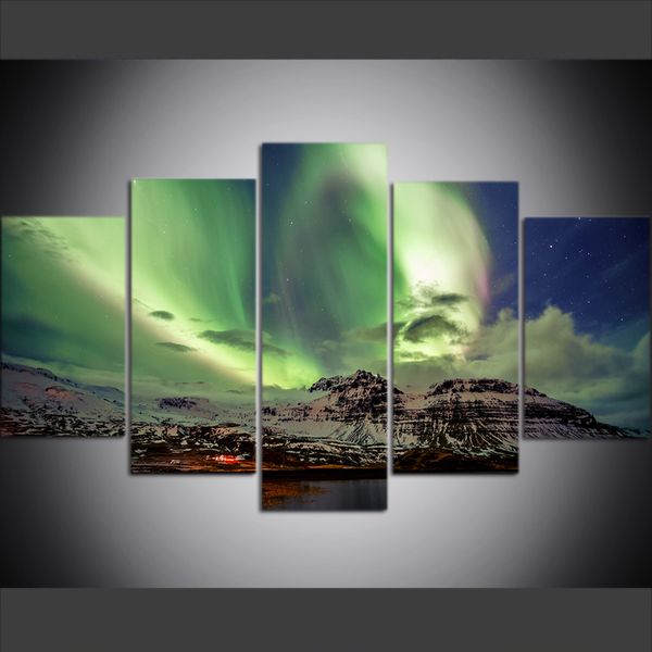 

5 piece large size canvas wall art pictures creative angel's wings northern lights on iceland poster art print oil painting for living