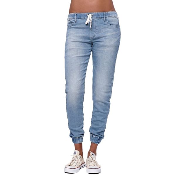

women casual jogger pants drawstring elastic waisted jeans solid ladies denim pants slim leggings light blue xl
