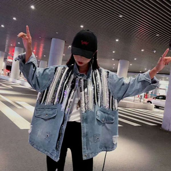 

female punk style holes denim coat mandarin collar bling bling stripe jacket bf design casual loose outer wear cardigan, Black;brown