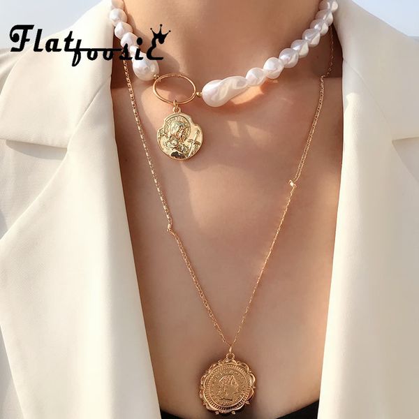 

flatfoosie punk multi layered simulated pearl choker necklace collar statement carved coin pendant necklace women girls jewelry, Silver