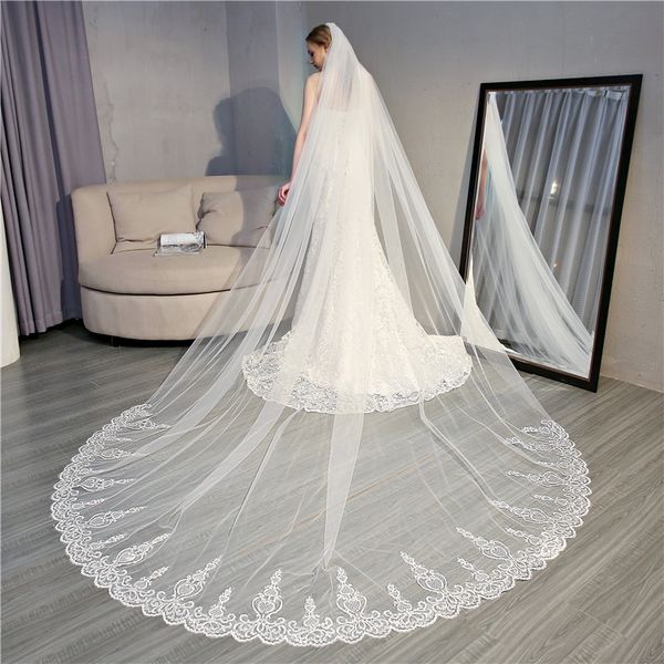 2019 Newest Cathedral Wedding Veil Ivory White Lace Appliques Edge