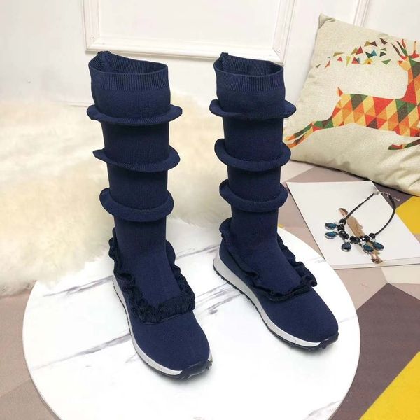 

high-quality 2019 spring fall 12 inch womens grey black blue knit fabric stretch sock shoes mid calf pull on fashion boots