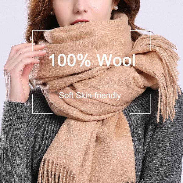 

women 100% wool scarf winter 2018 shawls and wraps for ladies solid neckerchief tassel warm pure wool scarves