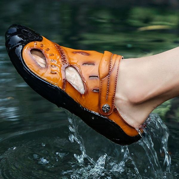 

nice summer sandals men slippers summer casual leather flat shoes soft comfortable beach sandals big size 38-57 apr22, Black