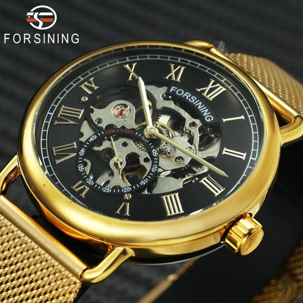 

forsining brand luxury golden mechanical watch men ultra thin steel mesh strap roman numerals skeleton golden wristwatches y19051403, Slivery;brown