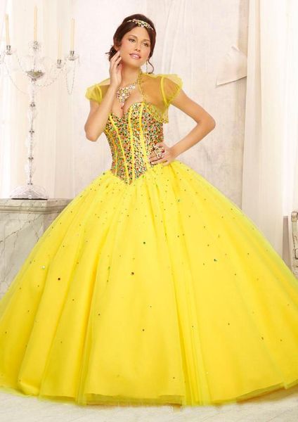 

Top Sale Ball Gown Sweetheart Tulle Crystals Yellow Quinceanera Dresses with Jacket Evening Dresses Girl Party Gowns