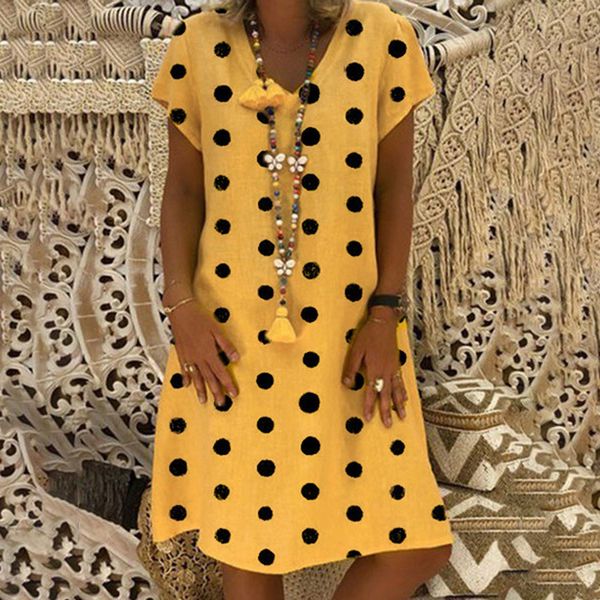

women's ladies summer dress fashion dot v neck short sleeve yellow beach dress girls casual elegant party robe femme 2019, Black;gray