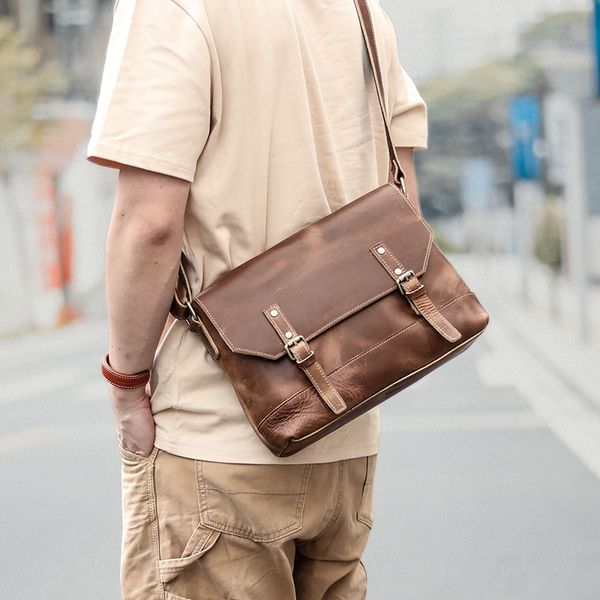 

men's bags genuine leather shoulder bag mens crazy horse messenger bags leather handmade satchel bag