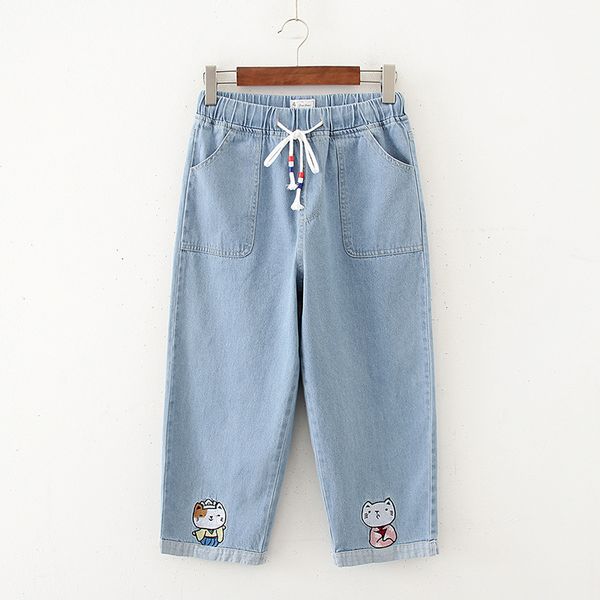 

women jeans cute student denim cropped pants 2020 summer new animal embroidery lace-up mori girl casual fashion women trousers, Blue