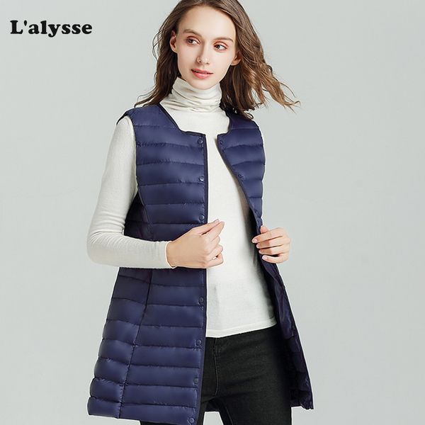 

lalysse ultra light down jacket vest winter long sleeveless vest coats women o-neck slim jacket vests new woman waistcoat, Black