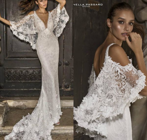 

2019 lace mermaid wedding dresses off the shoulder deep v neck backless sweep train beach wedding dress custom country bridal gowns, White