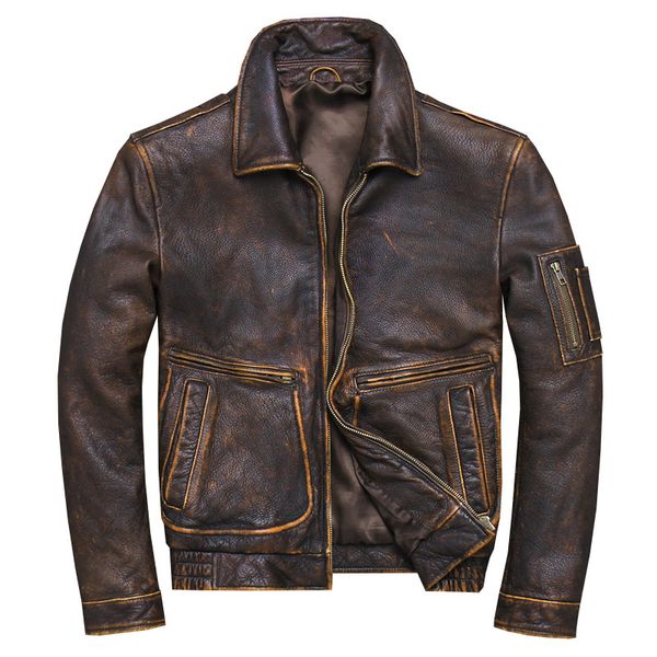 

2019 vintage brown men american pilot leather jacket plu ize xxxxl genuine cowhide pring aviator coat hipping