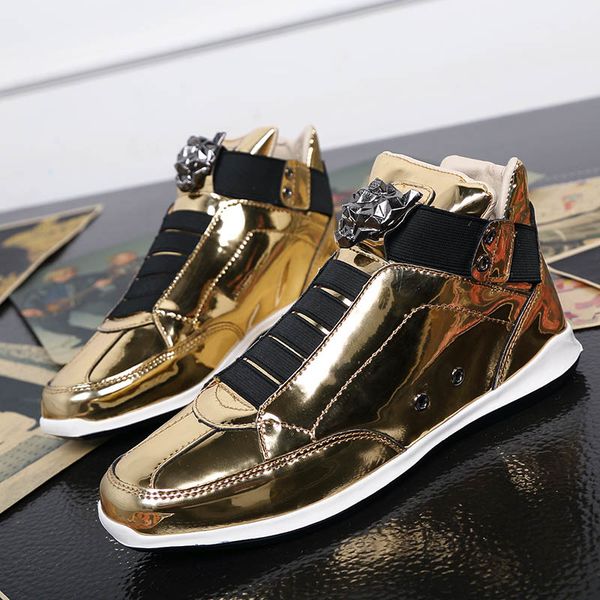 

bomkinta leopard head decoration casual patent leather shoes men fashion glitter men shoes slip on personality sneakers, Black