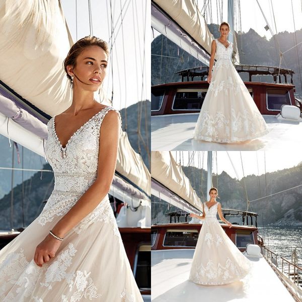 

eddy k 2020 свадебные платья сексуальные v-образным вырезом на спине кружевные аппликации пляжные свадебные платья sweep train a-line свадеб, White