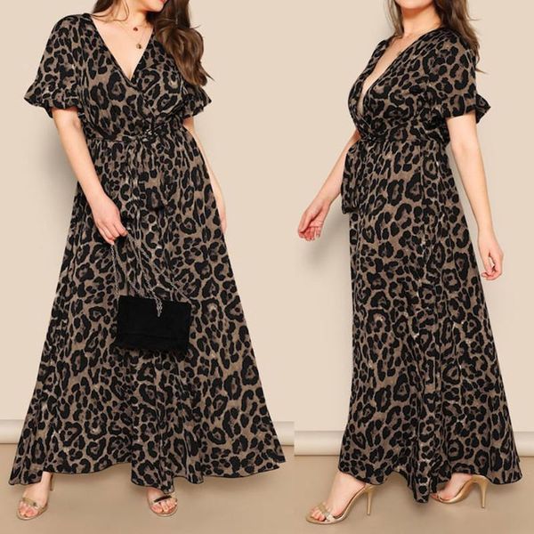 

2020 summer women dress fashion women plus size leopard print v-neck short sleeve bandage dress roupas feminina, Black;gray