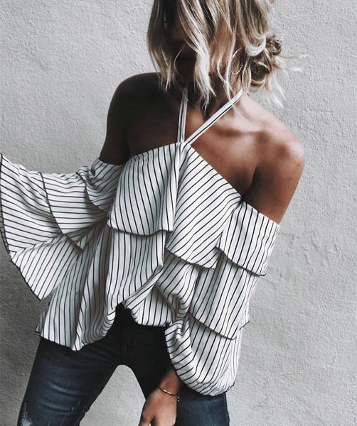

fashion-new women long sleeve blusas halter off shoulder stripe shirt women street wear elegant women, White