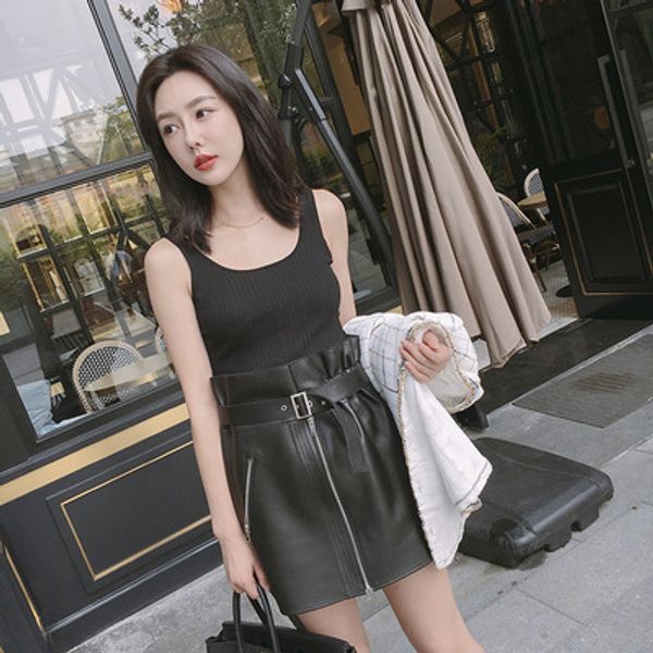 

2018 new fashion genuine sheep leather skirt g23, Black
