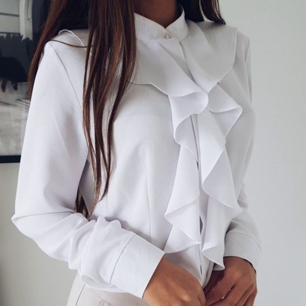 

women soft blouse long sleeves ruffled v-neck solid color slim, White