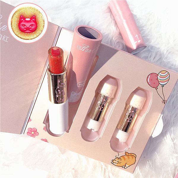 

girl cat jelly sandwich 1+2 lipstick lip gloss set moisturizing care lip gold foil long lasting waterproof lipstick makeup