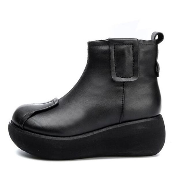 

new selling 100% natural full genuine leather boots thick bottom platform shoes wedges high heeled boots women shoes, Black
