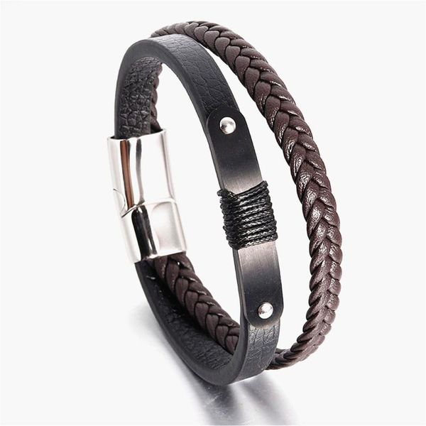 

bracelet men multilayer cowhide leather bangle stainless steel magnetic clasps wrap bracelet new charm male jewelry gift, Black