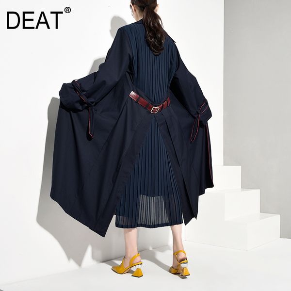 

deat 2019 european autumn split joint windbreaker woman new pattern overknee long loose coat patchwork pleated sashes jacket, Tan;black