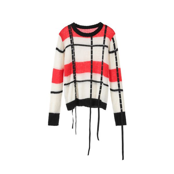 

new relaxed joker belt splicing into decorative grid color long sleeve sa0638 round neck sweaters, White;black