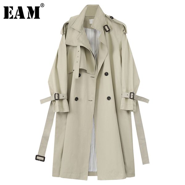 

eam] women striped split big size trench new lapel long sleeve loose fit windbreaker fashion tide spring autumn 2020 1x1870, Tan;black