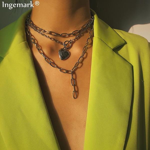 

punk cuban choker necklace collar statement steampunk love heart lasso big chunky iron chain necklace for women festival jewelry, Silver