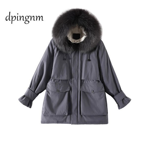 

lusumily large fur hooded winter women's jacket white duck down jackets thick parkas warm sash tie up snow coat female, Black