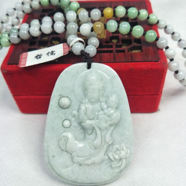 

zheru jewelry the only piece of natural jadeite light green guanyin pendant three-color jade bead necklace send a-level certific, Silver
