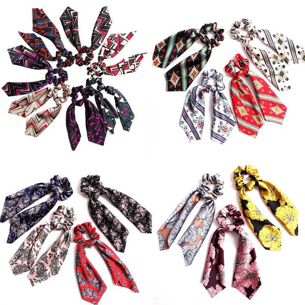 

vintage women hair scarf bowknot streamers scrunchies ponytail holder summer headbands elastic hair ties for girls, Slivery;white