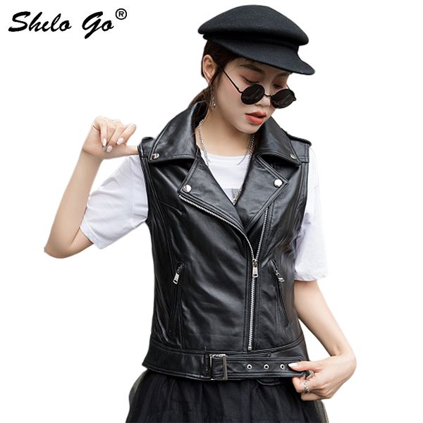 

genuine leather vest moto black notched neck sleeveless vest women autumn casual buckle belted solid zip fit short outwear, Black;white