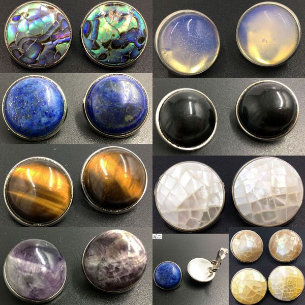 

18mm tiger eye opal lapis lazuli carnelian crystal abalone shell round clip earrings 1pair wb657b, Silver