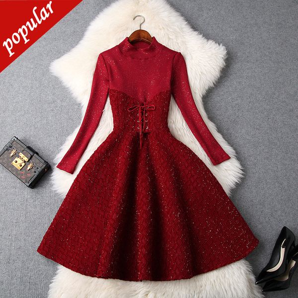 

2019 осень зима женщины высокая талия вязаный пэчворк большой подол платья бандаж талии геометрический люрекс с длинным рукавом платье, Black;gray