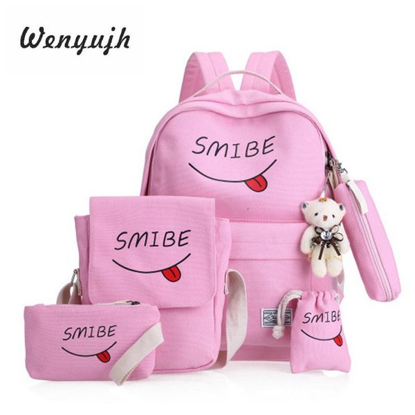 

5cs/set women backpacks canvas printing smile school bags for teenagers girls women's backpacks solid women's bags mochila mujer