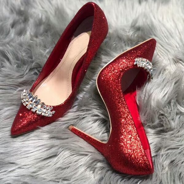 

quality women shoes high heels wedding thin heels diamond glittering evening luxury dress shoe bride shoes crystal pumps for party, Black