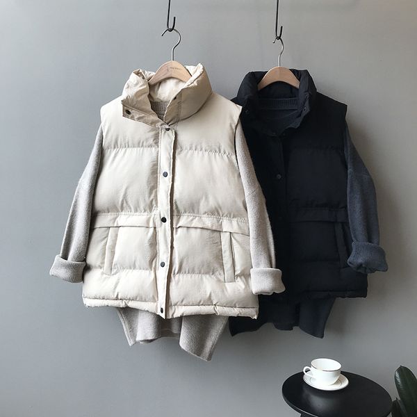 

women parka vest jacket single breasted slim cotton vest sleeveless warm cotton harajuku casual cardigan overcoat, Black;white