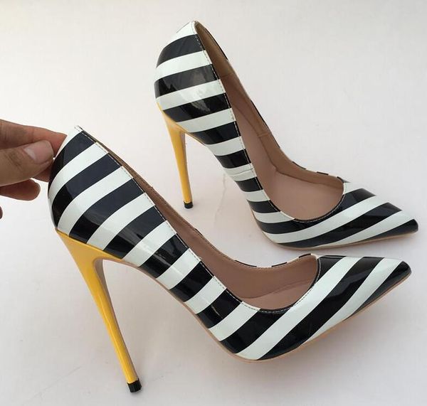 

2019s fashion women wedding black stripe patent leather poined toes high heeled heels shoes stiletto heel shoes pump 12cm 10cm
