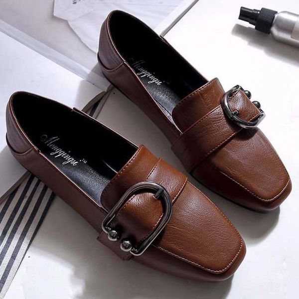 

women moccasins soft leather single shoe metal buckle square toe ballet flats ladies slip on loafers comfortable driving shoes, Black