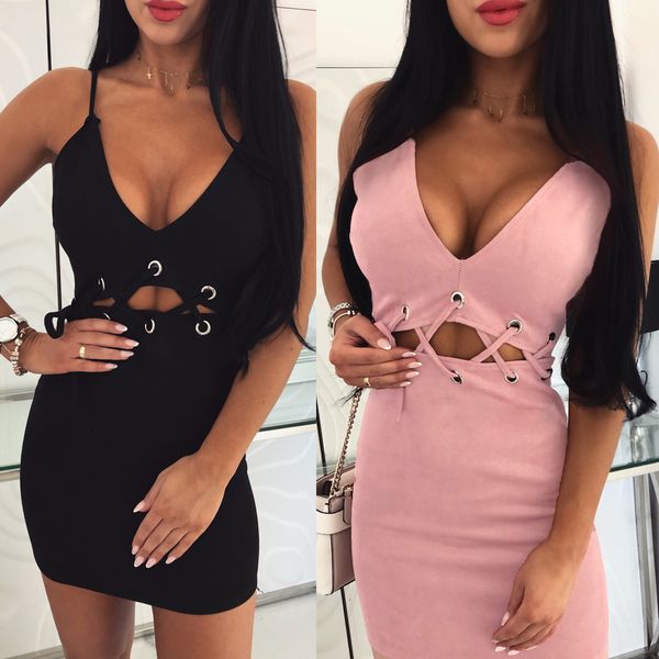 

spaghetti strap v-neck hollow out mini bandage bodycon dress women summer dress 2019 vestidos, Black;gray