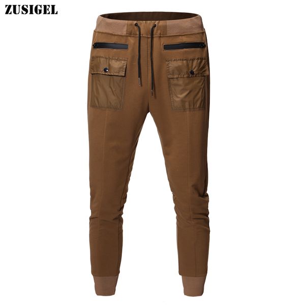 

zusigel men khaki pants autumn winter new casual running pants with double pockets drawstring middle waist men jogger trousers, Black