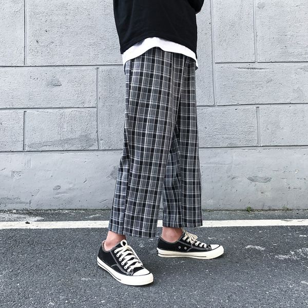 

2019 spring new han fan japanese harajuku straight nine points men's thin section loose plaid casual pants, Black