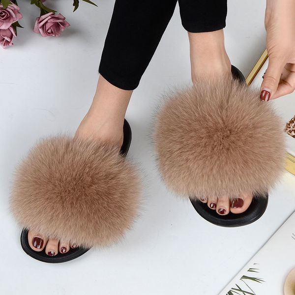 

women summer casual fur slippers flat non-slip solid real fox hair slides large size slippers ing, Black