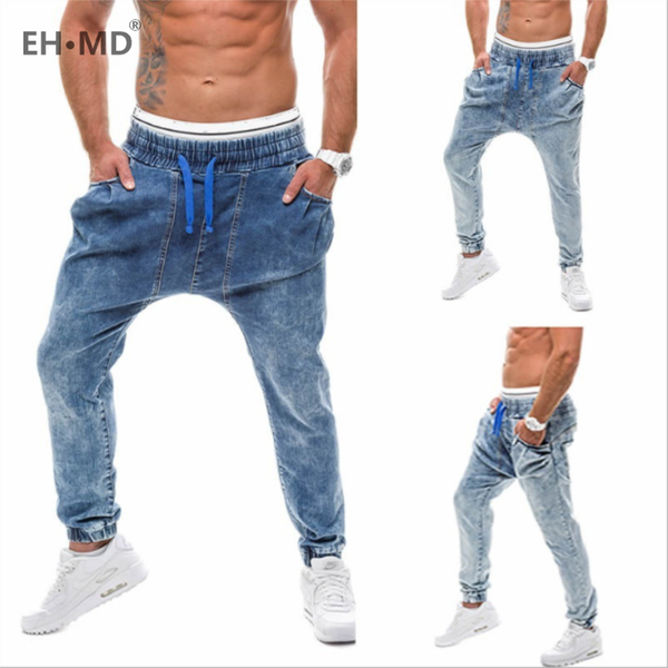 

eh·md® men's trousers harlan jeans drawstring lace up sweat pants dark blue large size high elasticity slim fit loose fashion