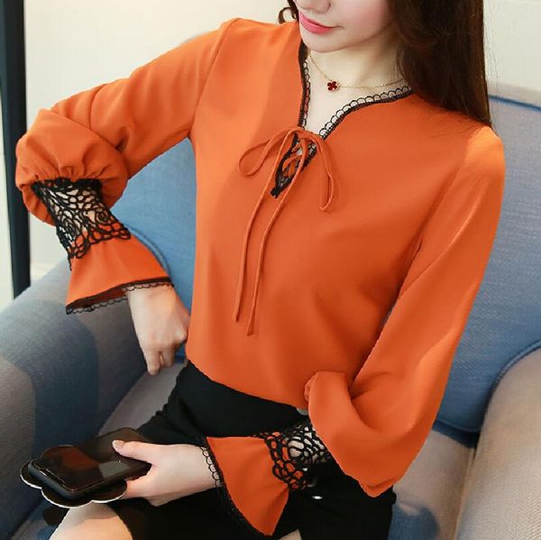 

new women fashion ladies lace bow long sleeve shirts casual chiffon blouse work wear office women blusas femininas blouses, White
