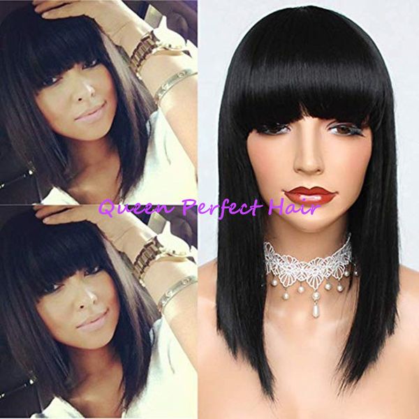 

new fashion #1 black color short bob haircuts straight wigs with full bangs synthetic none lace wigs glueless synthetic hair wigs 14inch