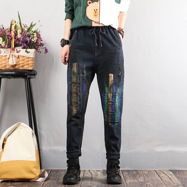 

stitching embroidered vintage retro harem jeans women's slim-fit skinny leg pants for women with hole and printing, Blue