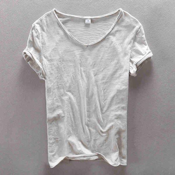 

street men's short-sleeved cotton slub cotton tide men's v-neck ruffled solid color t-shirt 268, White;black