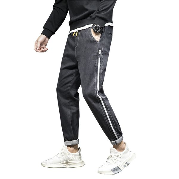 

#2081 denim jeans men side white striped streetwear men's jeans black blue elastic waist harem biker men fashions autumn